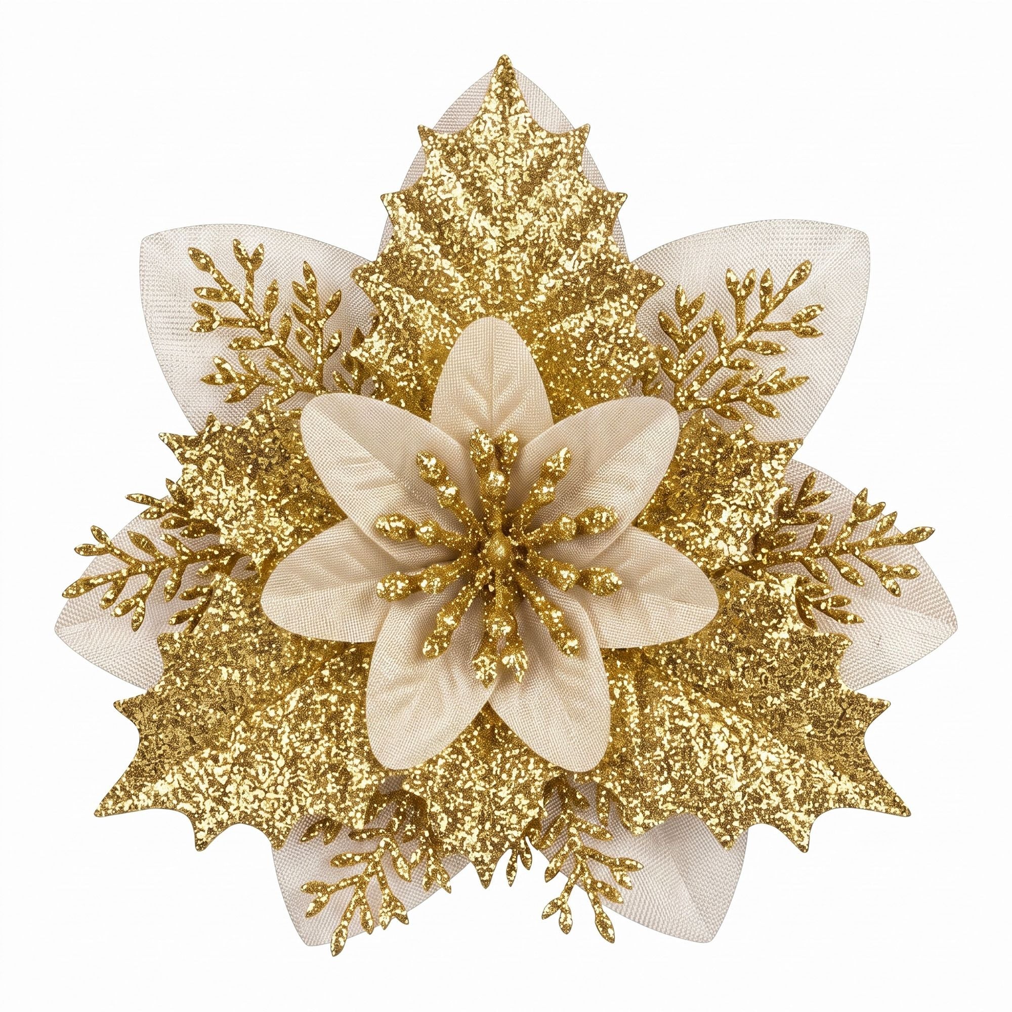 14CM Gold Poinsettia Christmas Tree Decorations – 10 Pack