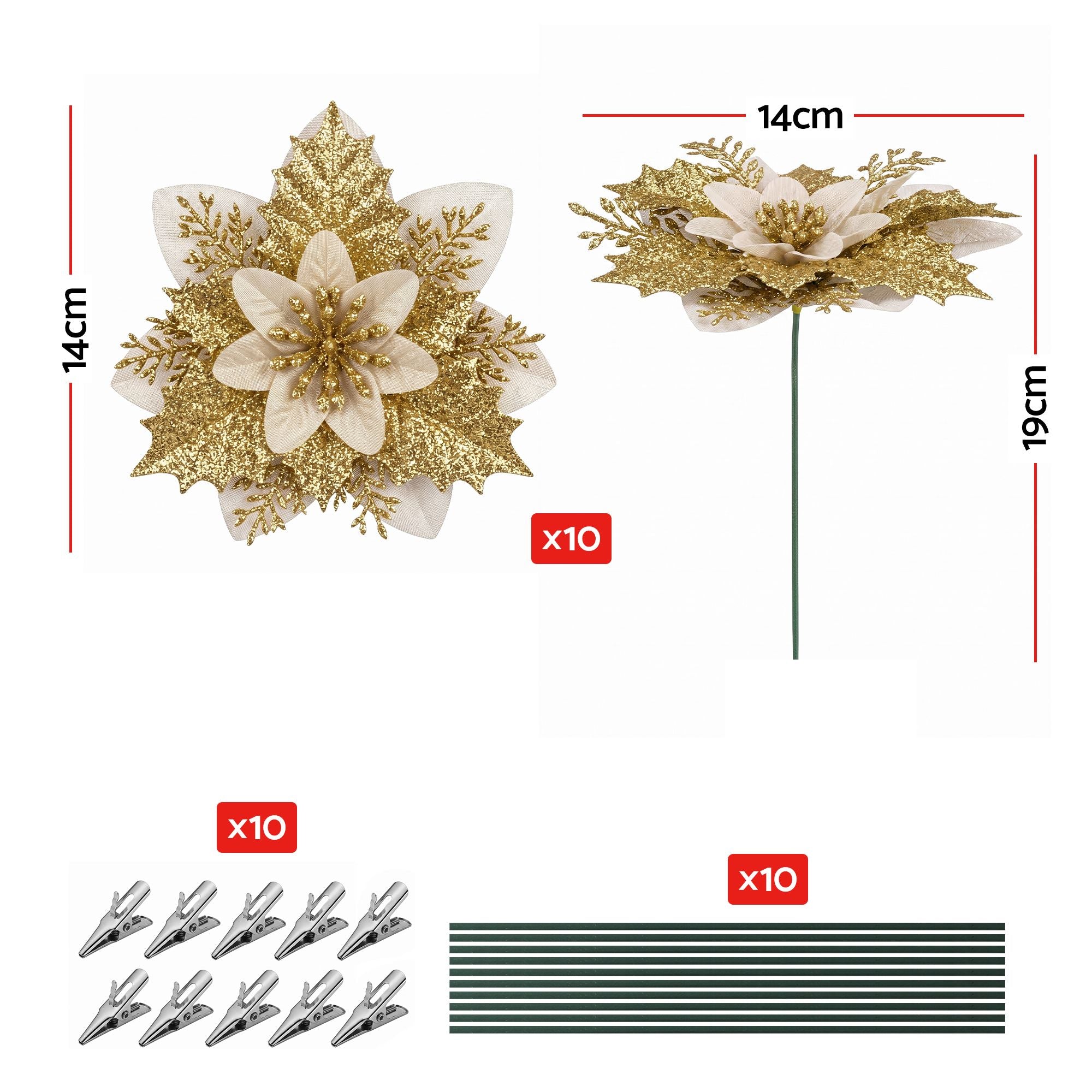 14CM Gold Poinsettia Christmas Tree Decorations – 10 Pack