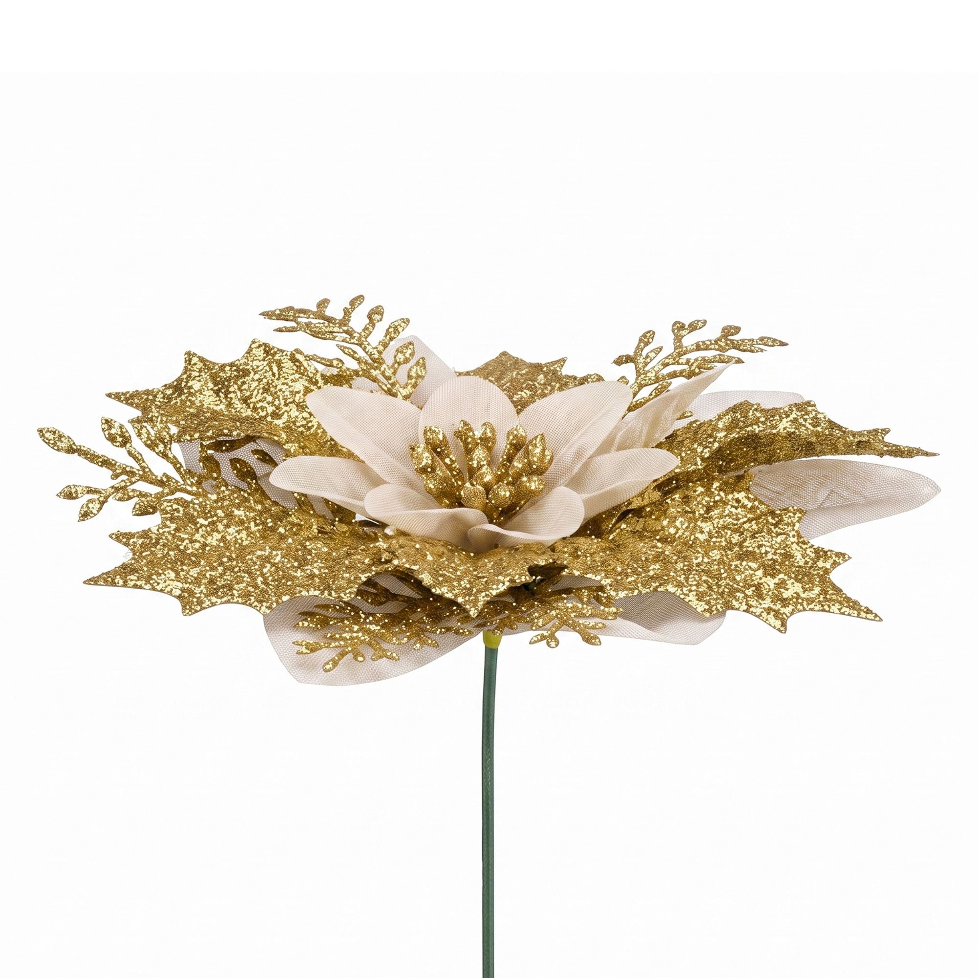 14CM Gold Poinsettia Christmas Tree Decorations – 10 Pack