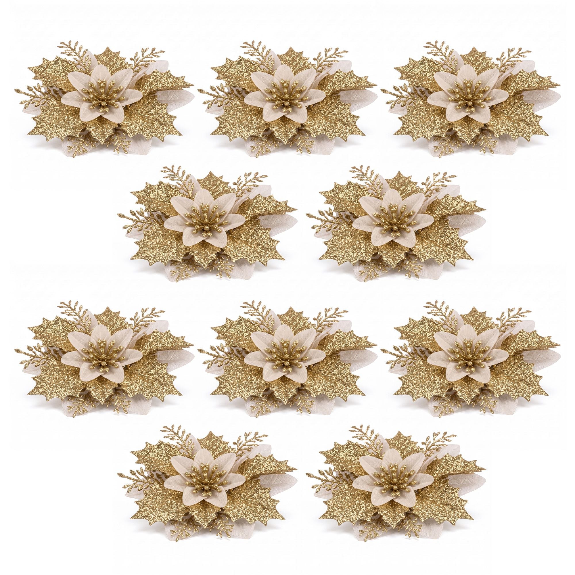 14CM Gold Poinsettia Christmas Tree Decorations – 10 Pack