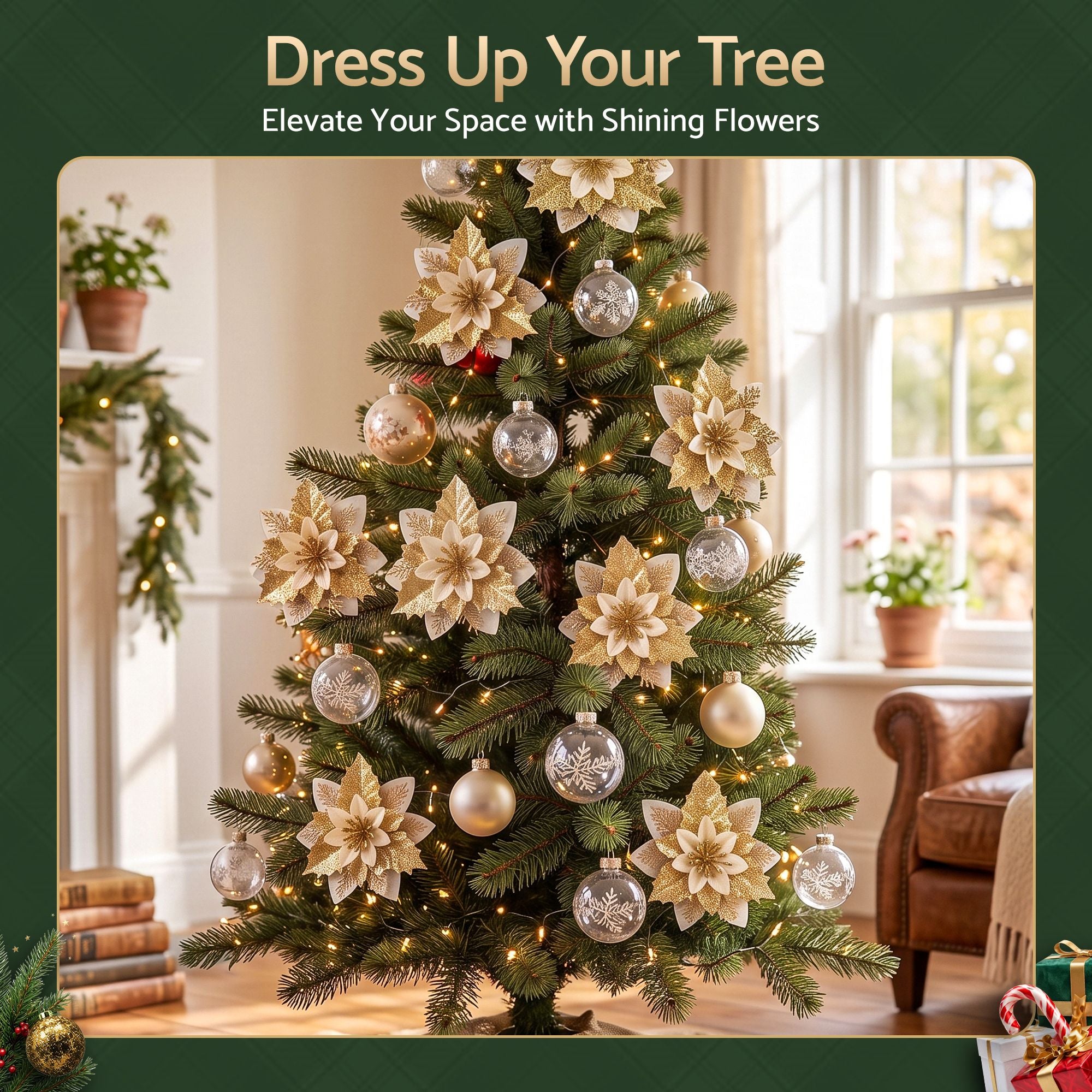 14CM Gold Poinsettia Christmas Tree Decorations – 10 Pack