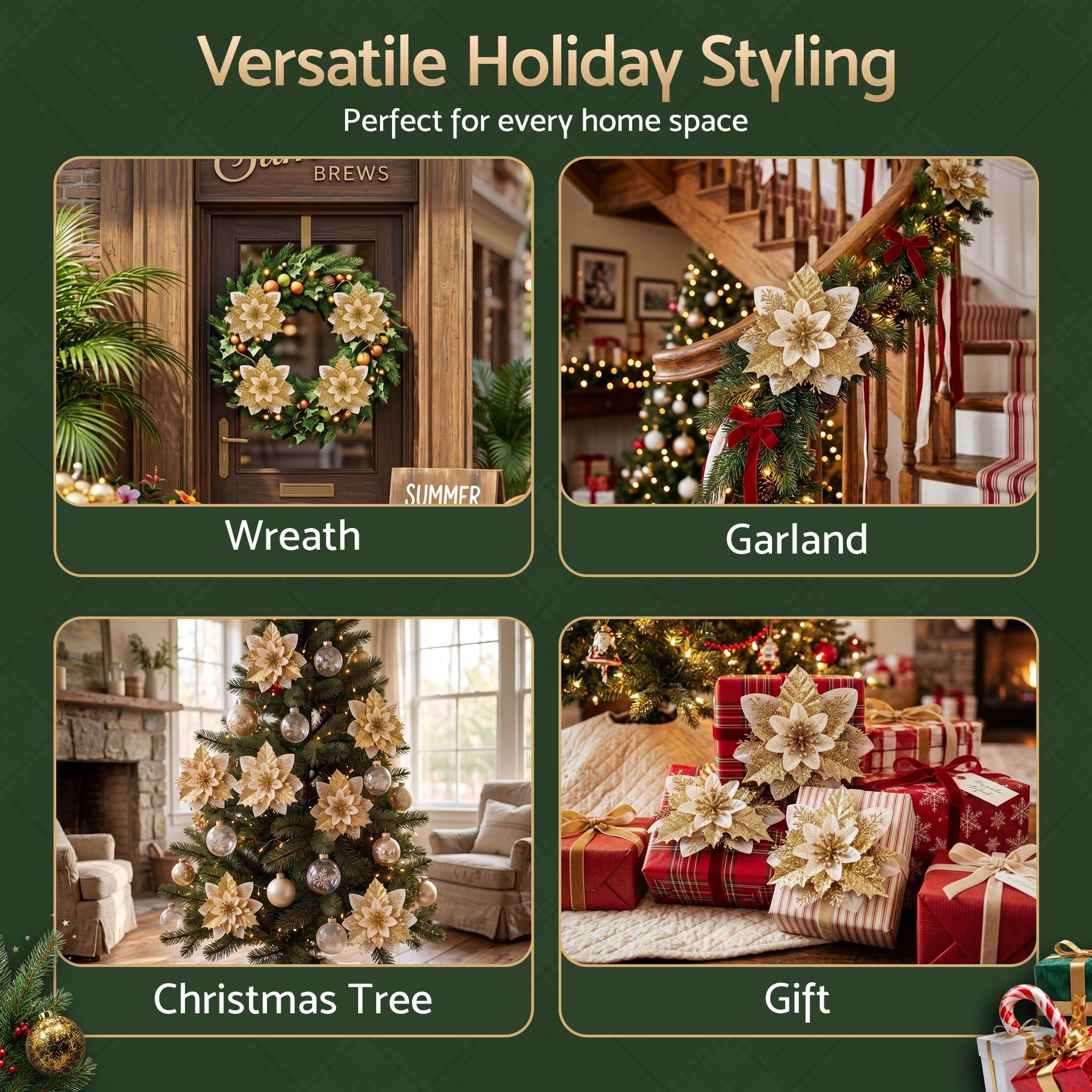 14CM Gold Poinsettia Christmas Tree Decorations – 10 Pack