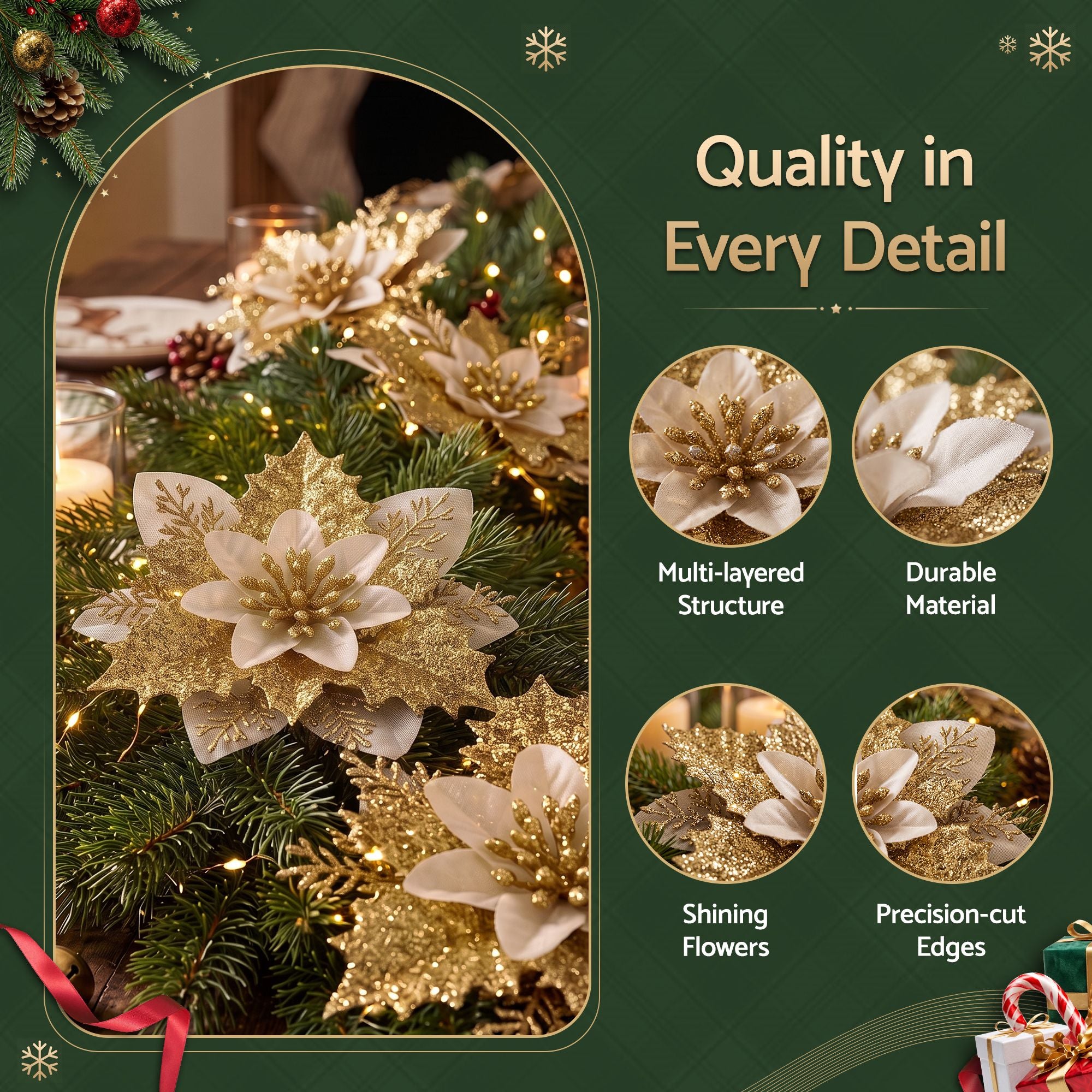 14CM Gold Poinsettia Christmas Tree Decorations – 10 Pack