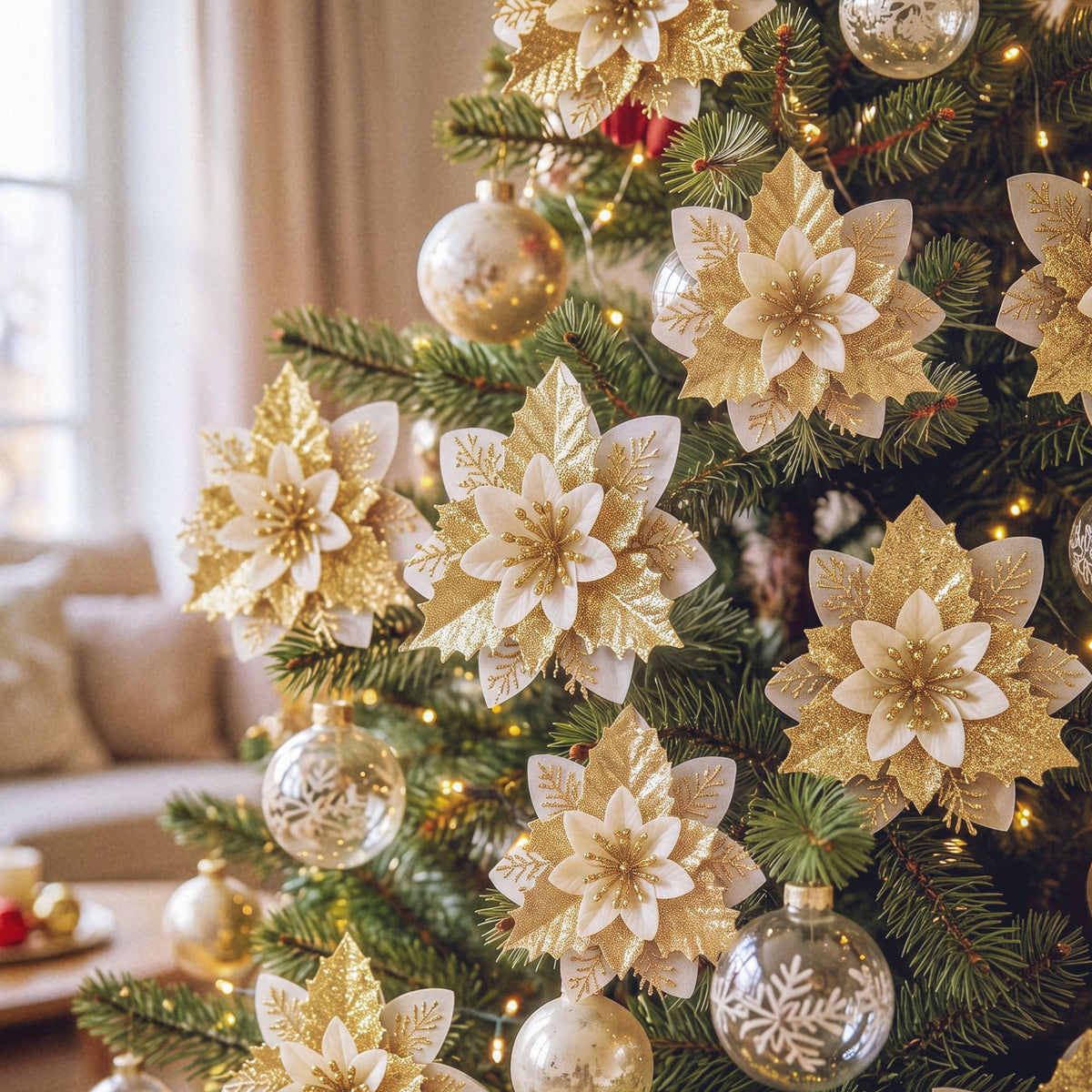 14CM Gold Poinsettia Christmas Tree Decorations – 10 Pack