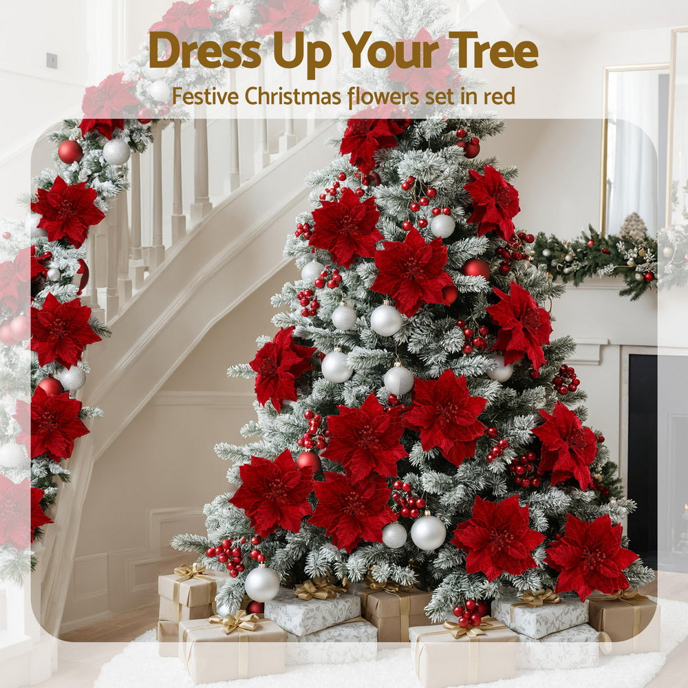 14 Piece Red Poinsettia Christmas Tree Flower Decoration Set