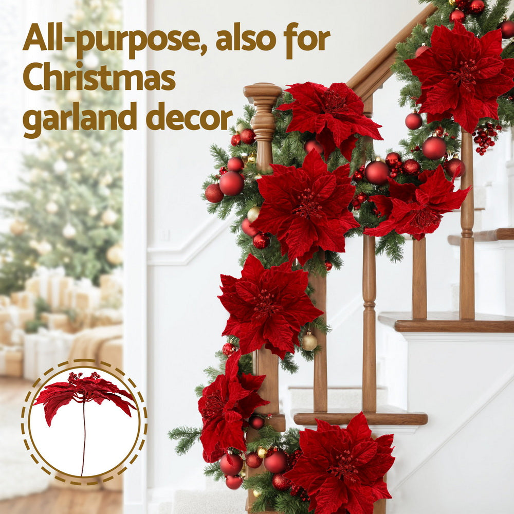 14 Piece Red Poinsettia Christmas Tree Flower Decoration Set