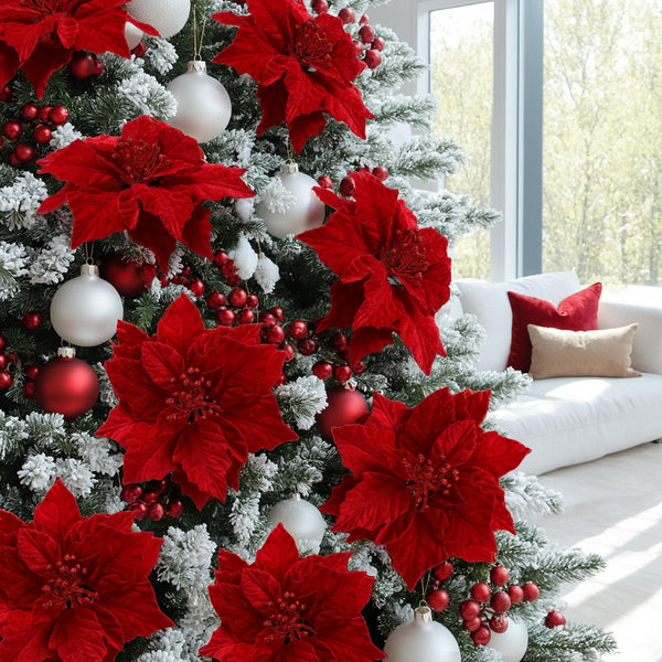 14PCS Christmas Poinsettia Decoration Set – 25CM Red Flowers
