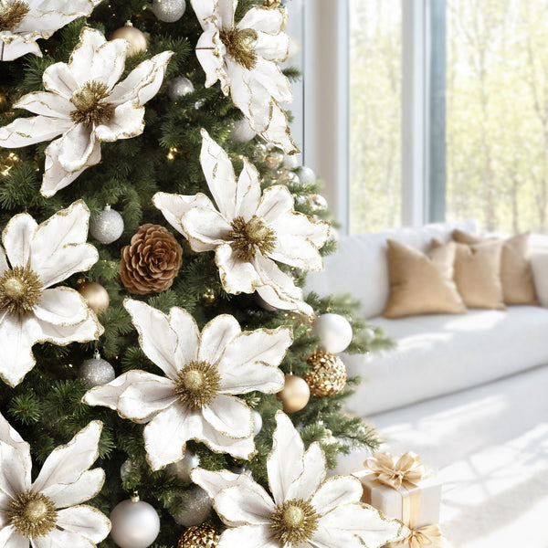 14PCS Christmas Poinsettia Decoration Set – 25CM White Flowers