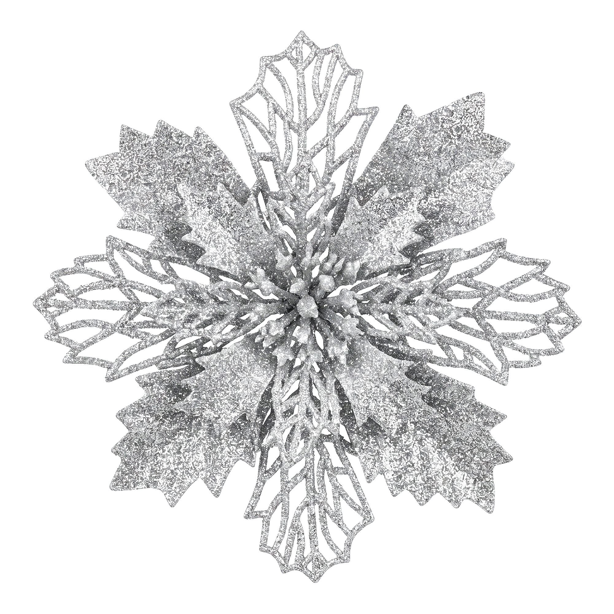 14CM Silver Poinsettia Christmas Tree Decorations – 20 Pack