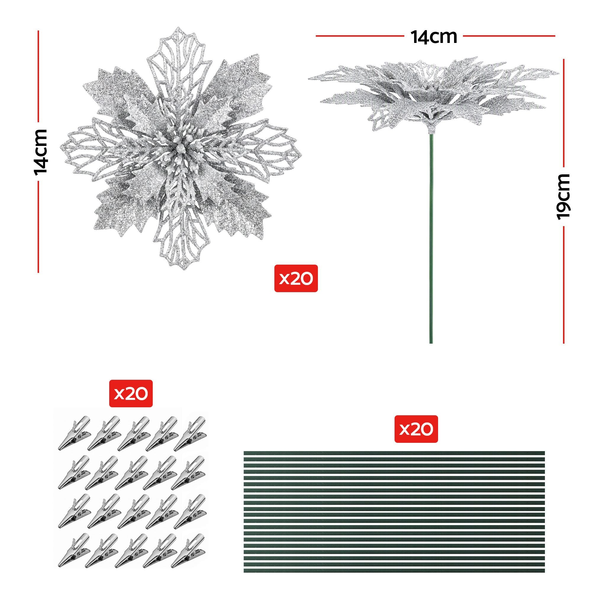 14CM Silver Poinsettia Christmas Tree Decorations – 20 Pack