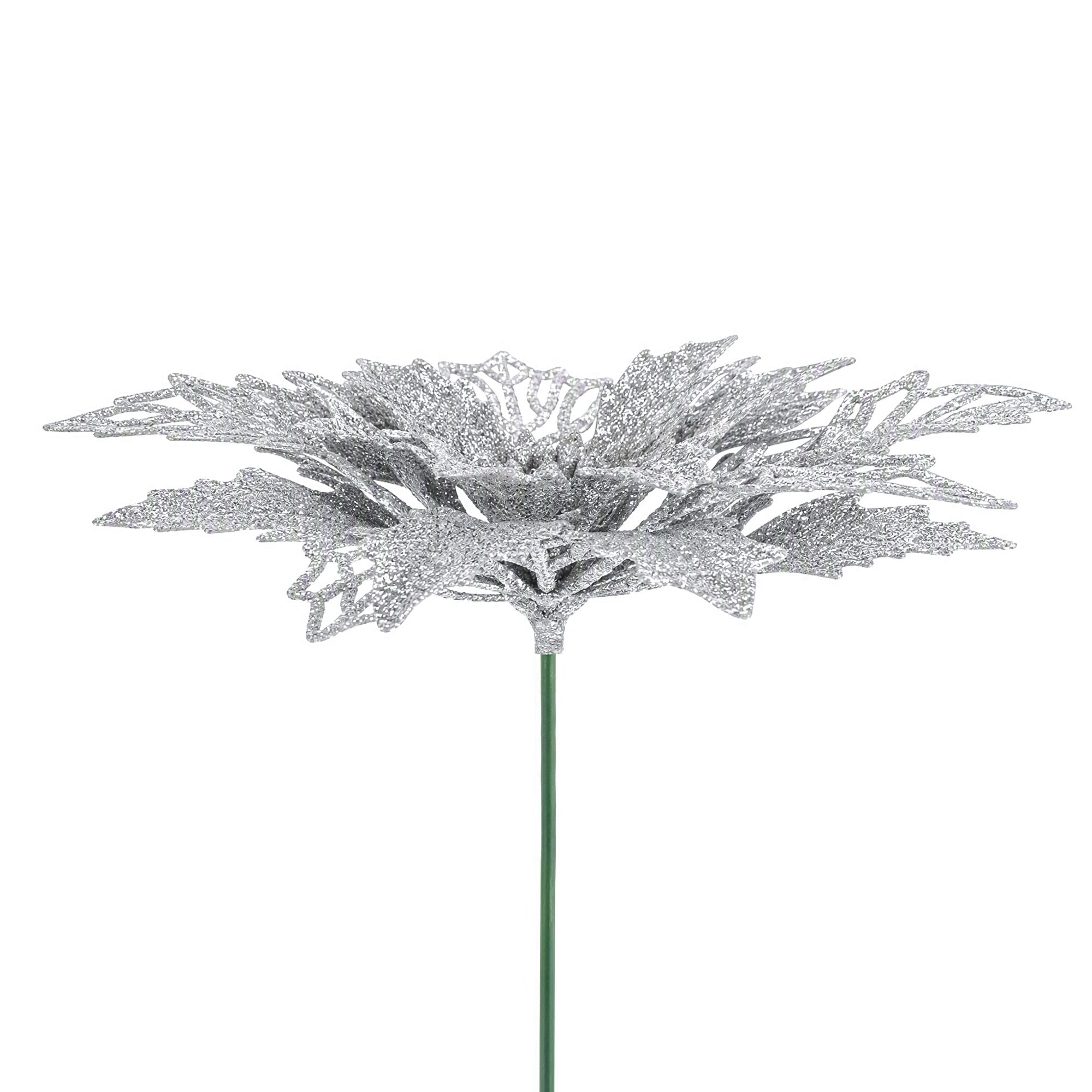 14CM Silver Poinsettia Christmas Tree Decorations – 20 Pack