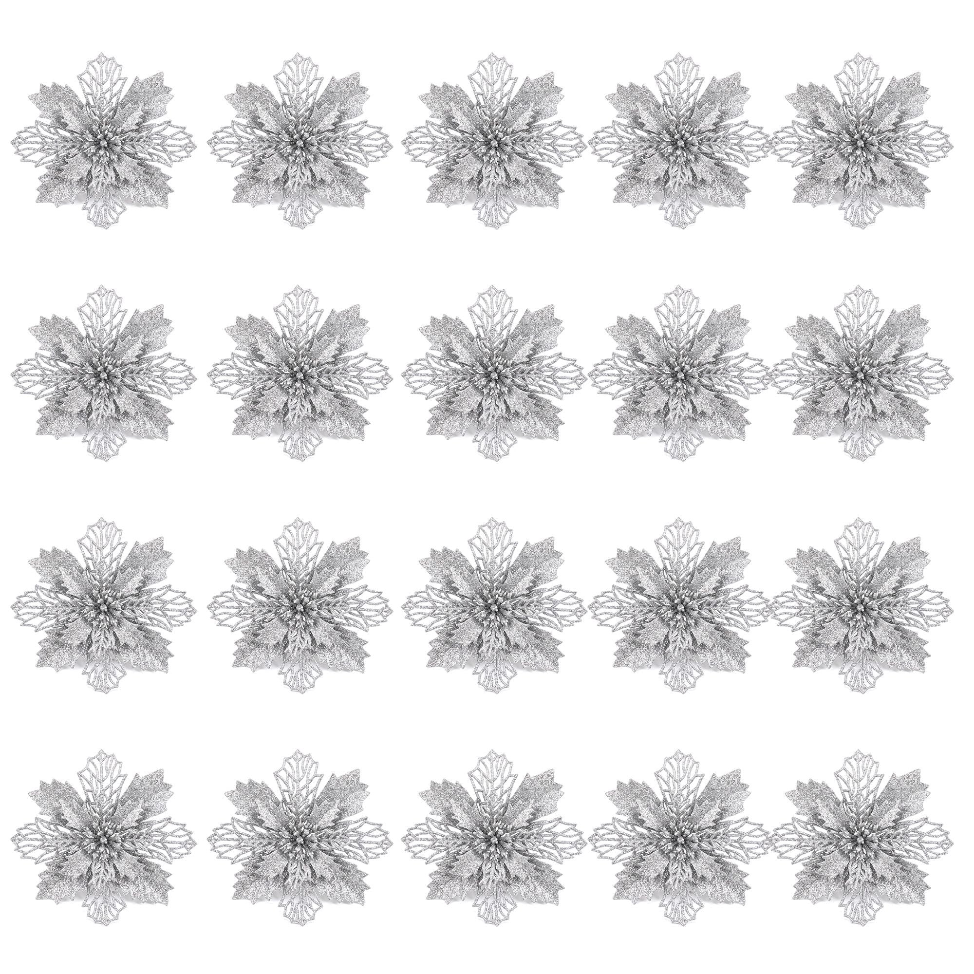 14CM Silver Poinsettia Christmas Tree Decorations – 20 Pack