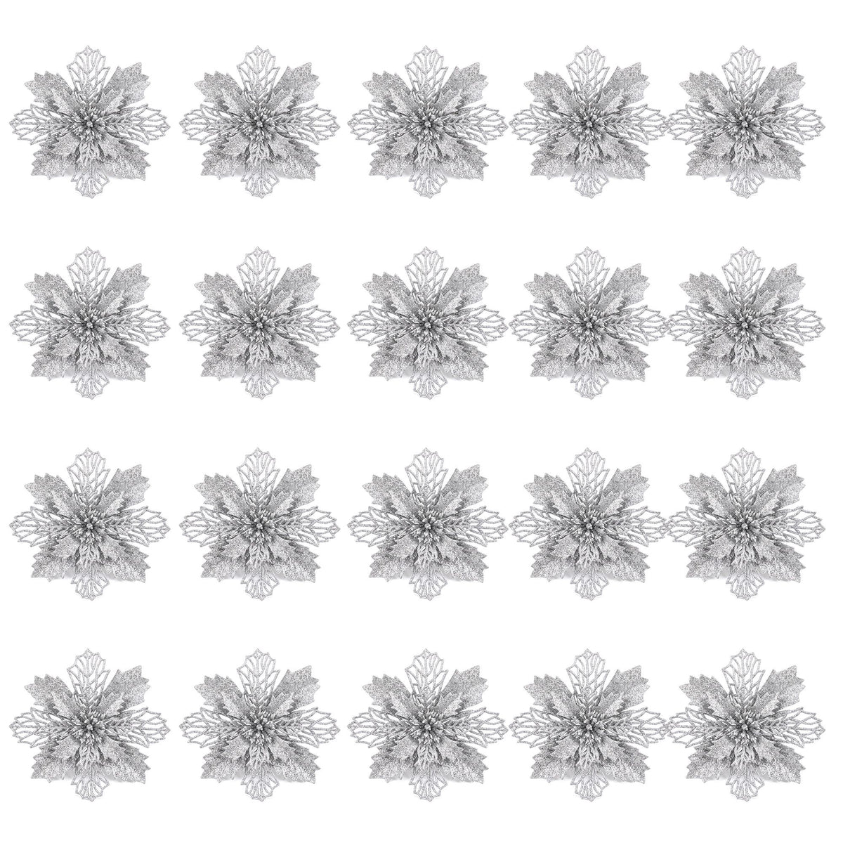 14CM Silver Poinsettia Christmas Tree Decorations – 20 Pack