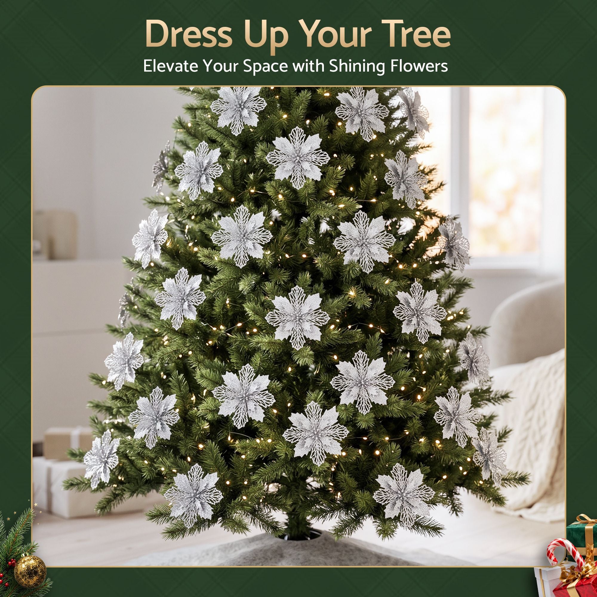 14CM Silver Poinsettia Christmas Tree Decorations – 20 Pack