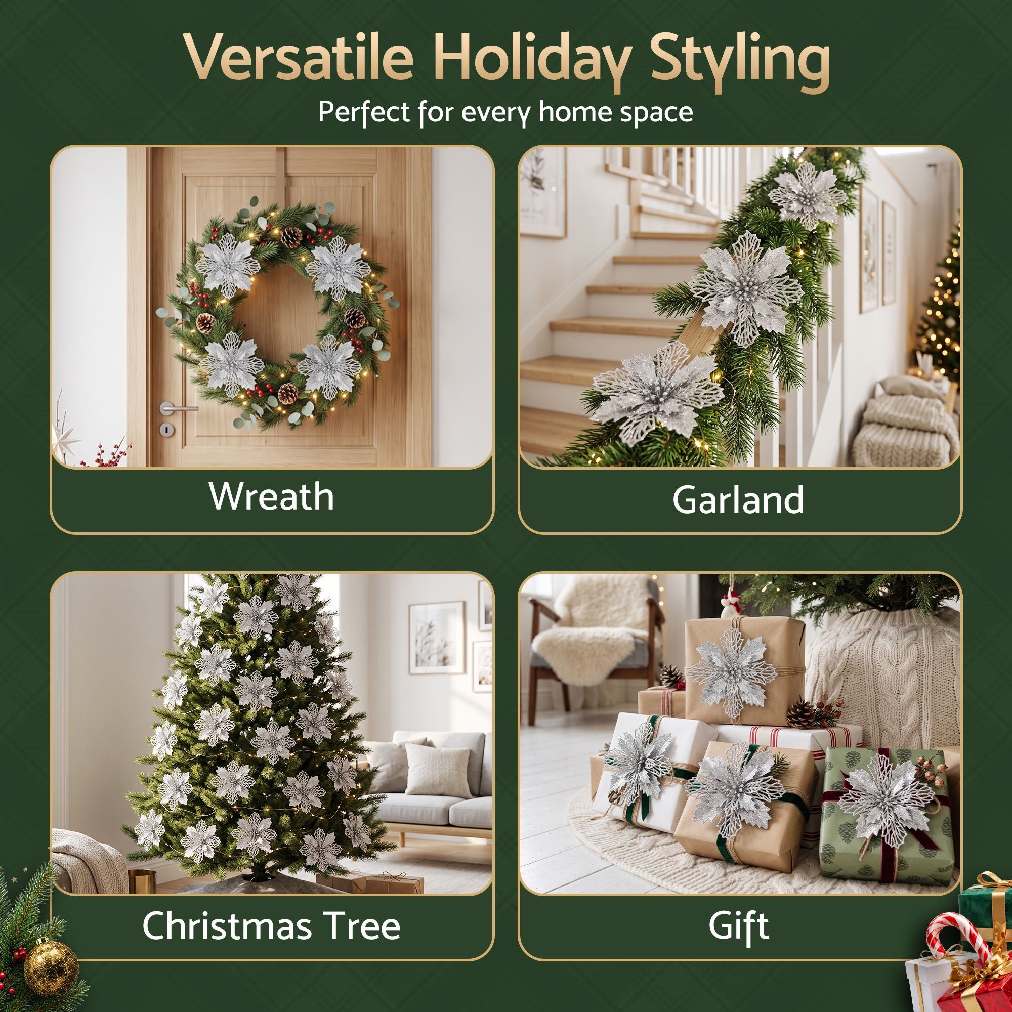 14CM Silver Poinsettia Christmas Tree Decorations – 20 Pack