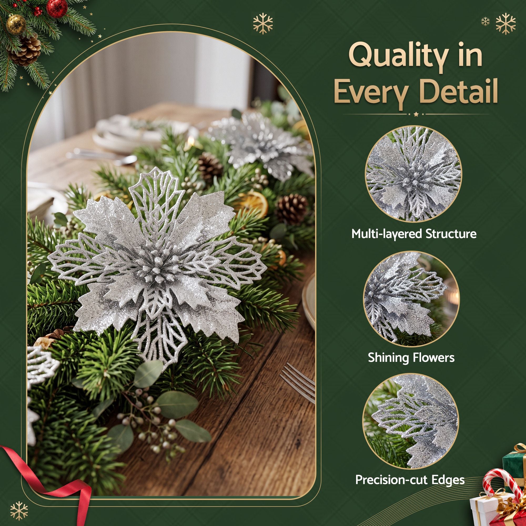 14CM Silver Poinsettia Christmas Tree Decorations – 20 Pack