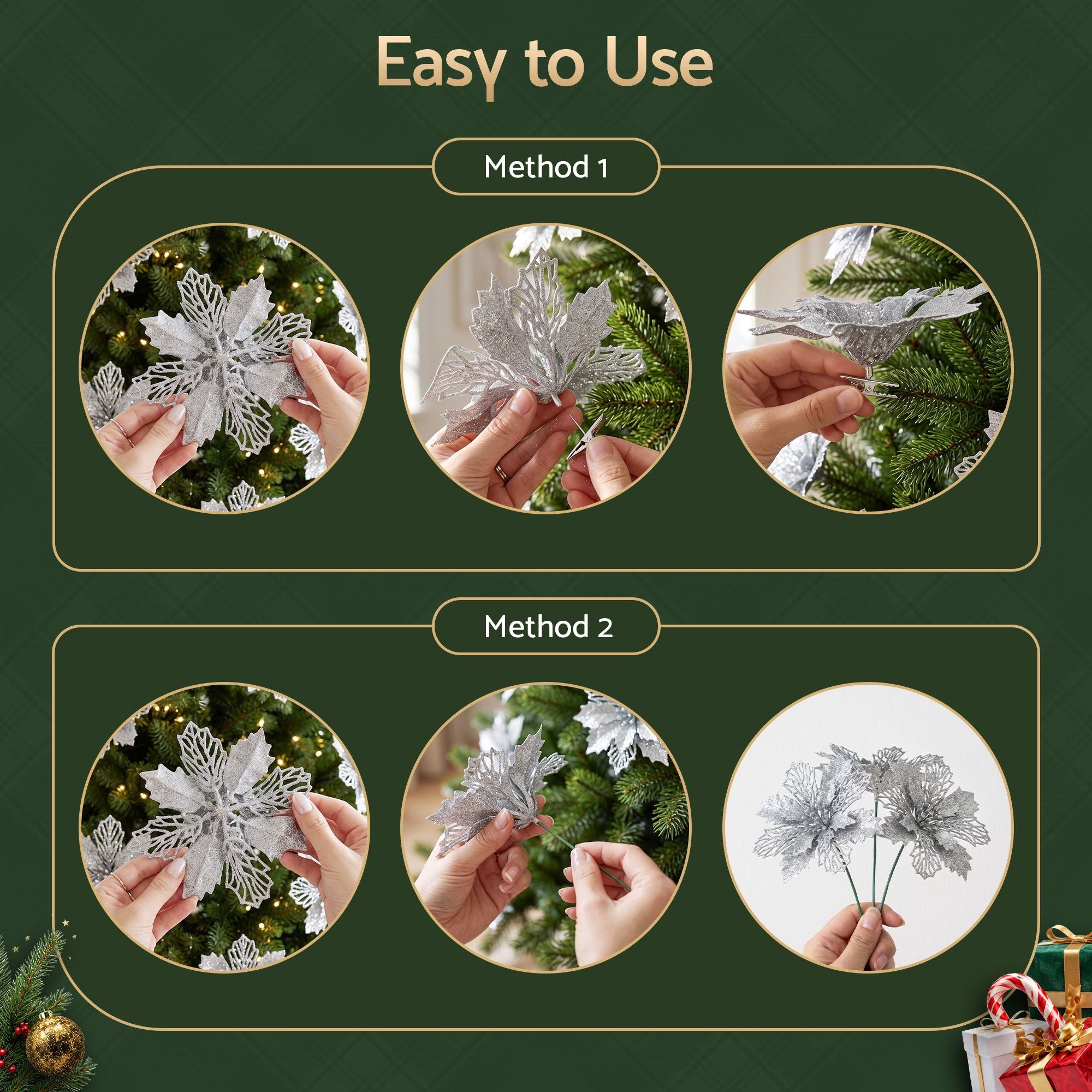 14CM Silver Poinsettia Christmas Tree Decorations – 20 Pack