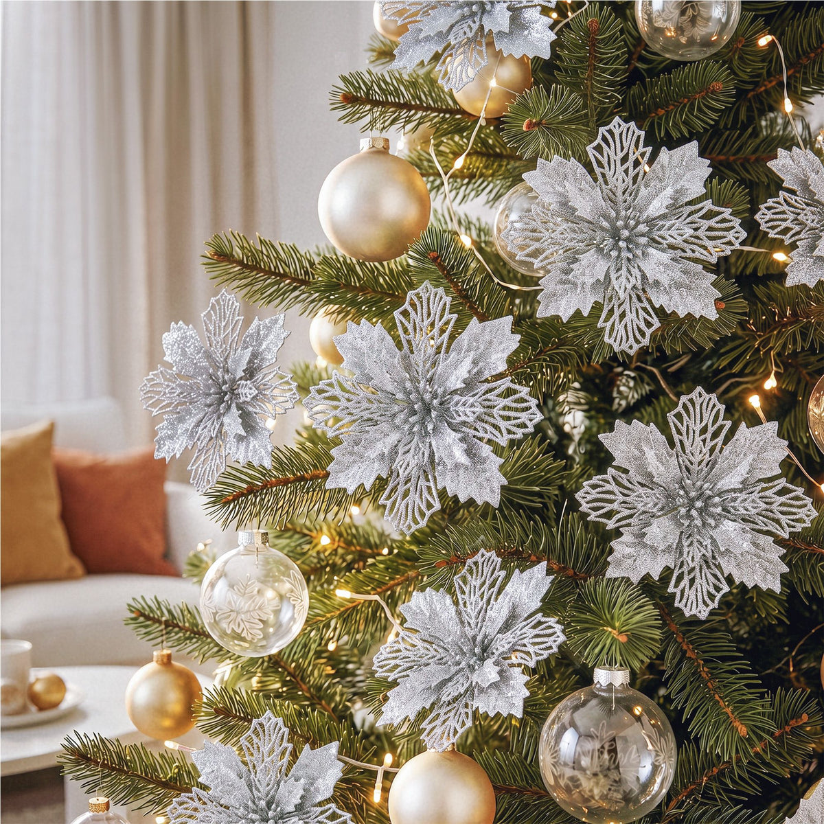 14CM Silver Poinsettia Christmas Tree Decorations – 20 Pack