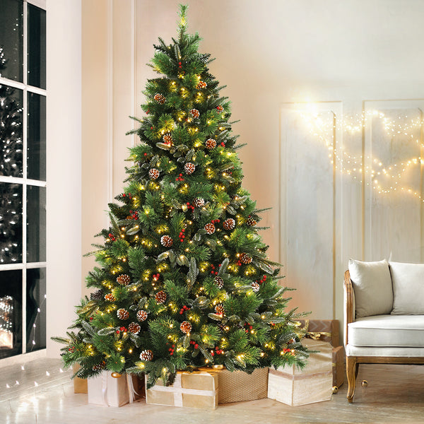 7FT Pine Cone & Berry Christmas Tree – 1360 Tips, 450 Warm White LED Lights