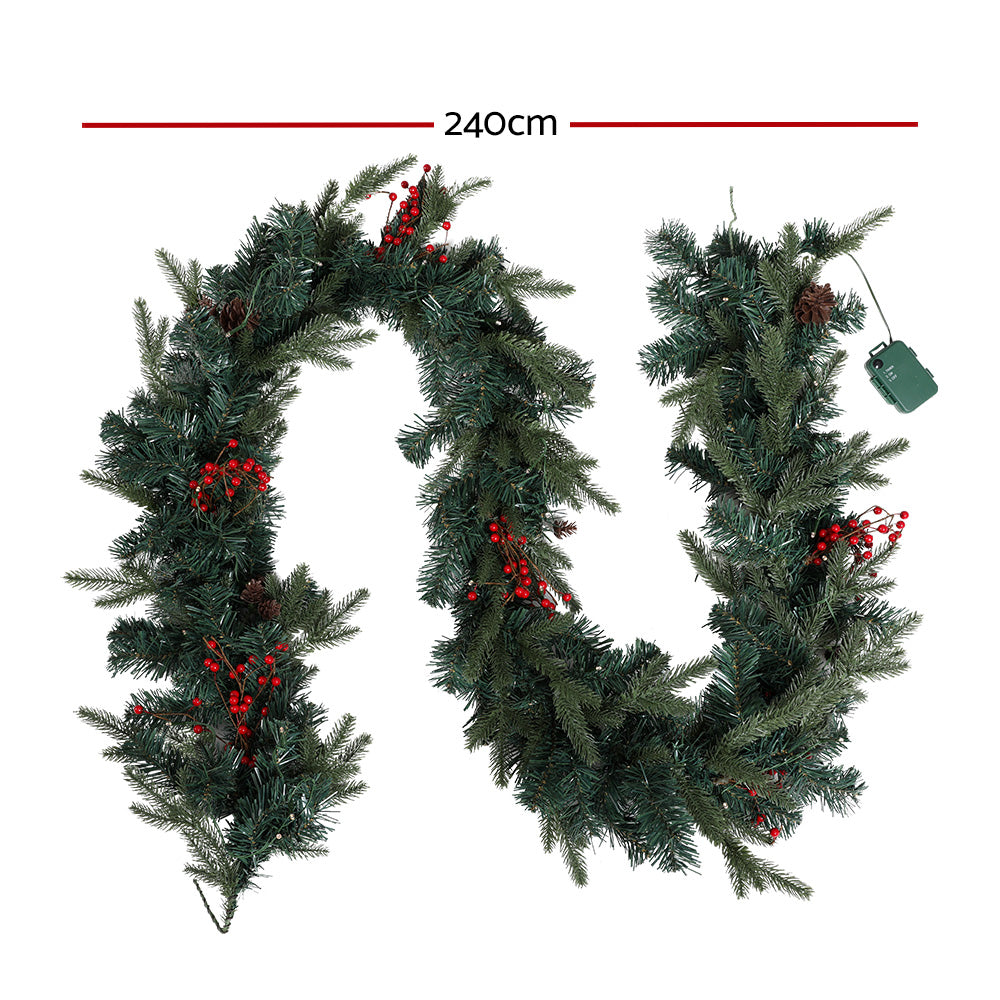 2.4M Pre-Lit Christmas Garland with Pinecones, Berries & 40 Warm White LEDs