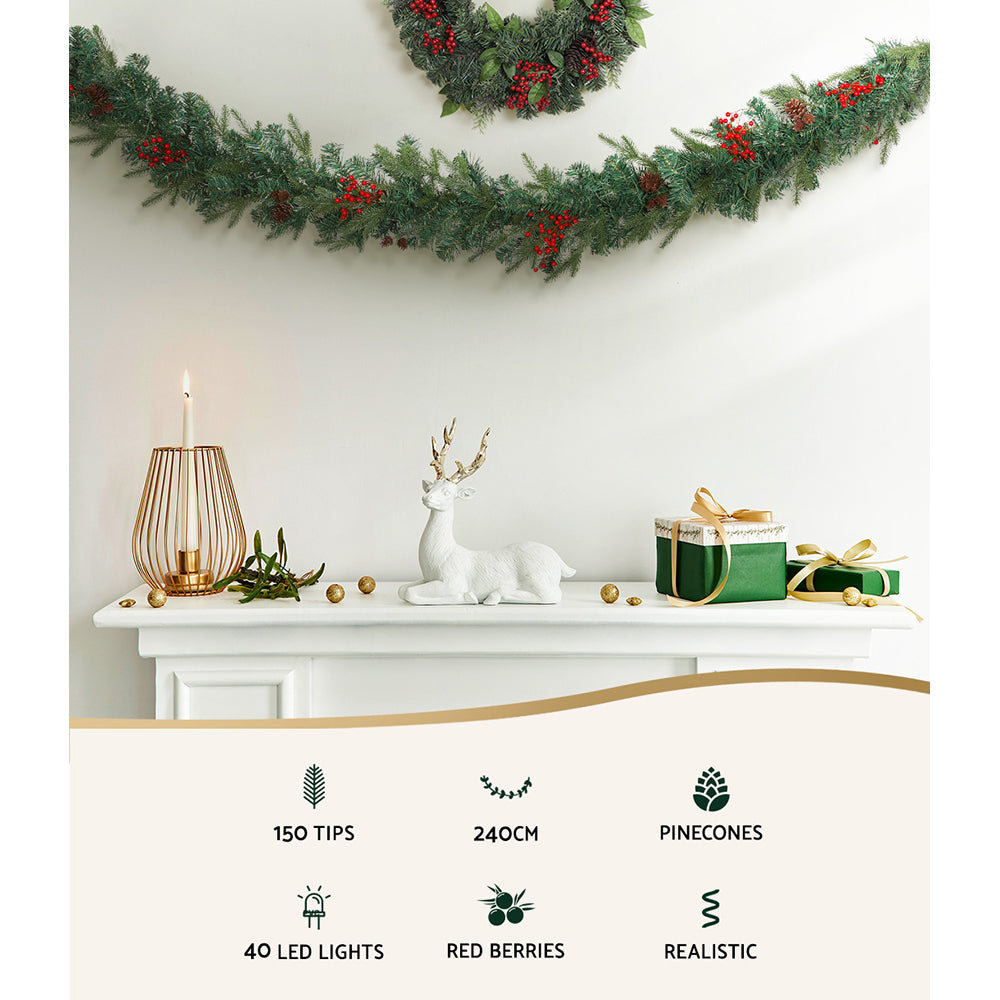 2.4M Pre-Lit Christmas Garland with Pinecones, Berries & 40 Warm White LEDs