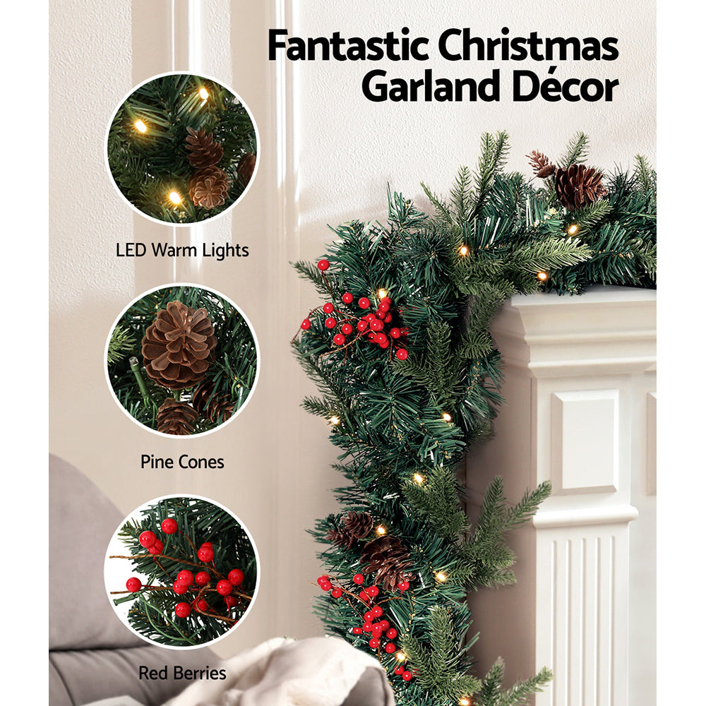 2.4M Pre-Lit Christmas Garland with Pinecones, Berries & 40 Warm White LEDs