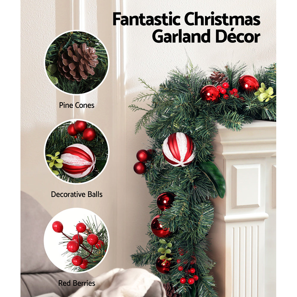 2.7M Christmas Garland with Red Berries, Pine Cones & Baubles