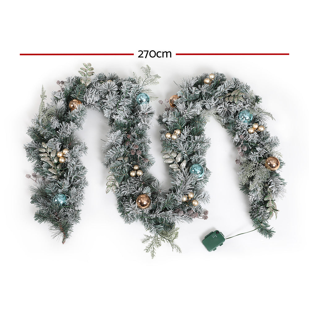 2.7M Pre-Lit Snow Frosted Christmas Garland with Pinecones & Baubles