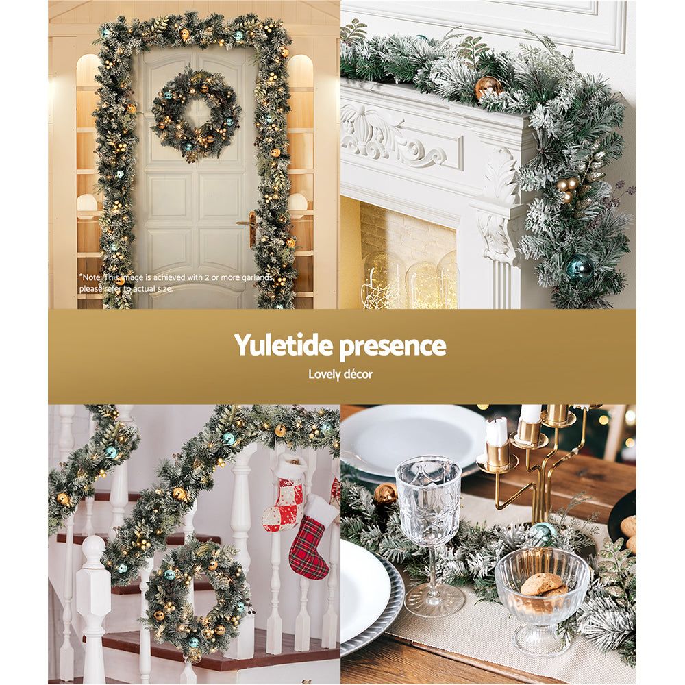 2.7M Pre-Lit Snow Frosted Christmas Garland with Pinecones & Baubles