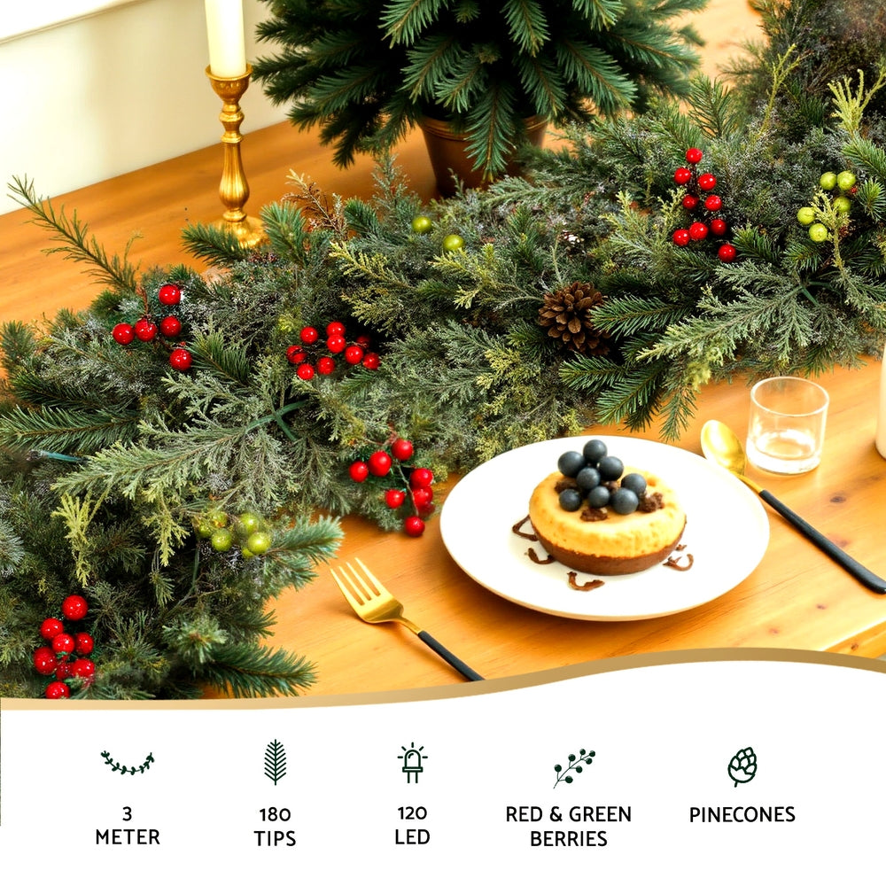 3M Pre-Lit Christmas Garland with 120 Warm White LEDs & Pine Cones