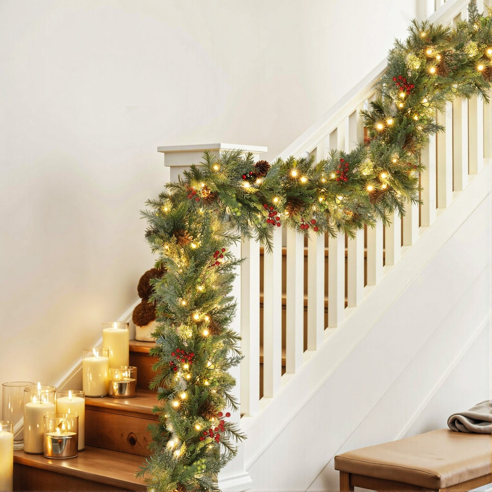 3M Pre-Lit Christmas Garland with 120 Warm White LEDs & Pine Cones