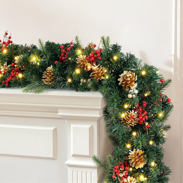 1.8M Pre-Lit Christmas Garland – Pine Cones Berries and Baubles 50 Warm White LEDs