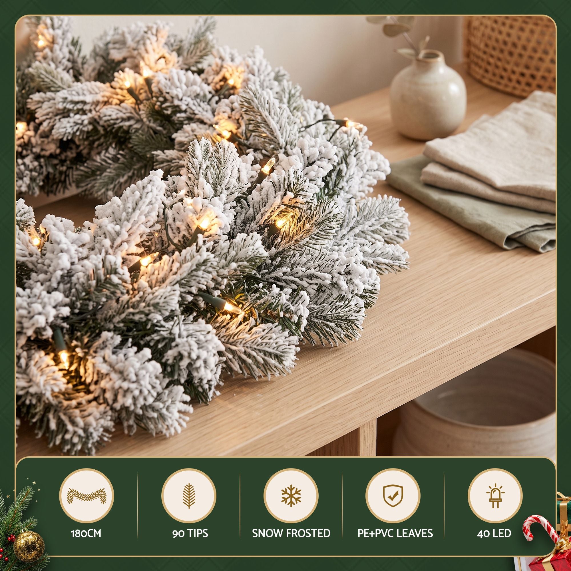 1.8M Pre-Lit Christmas Garland with 40 Warm White LED