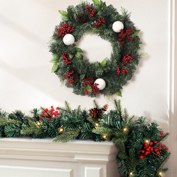 2.4M Pre-Lit Christmas Garland & 60CM Wreath Set – Berries Pine Cones 40 LEDs 234 Tips
