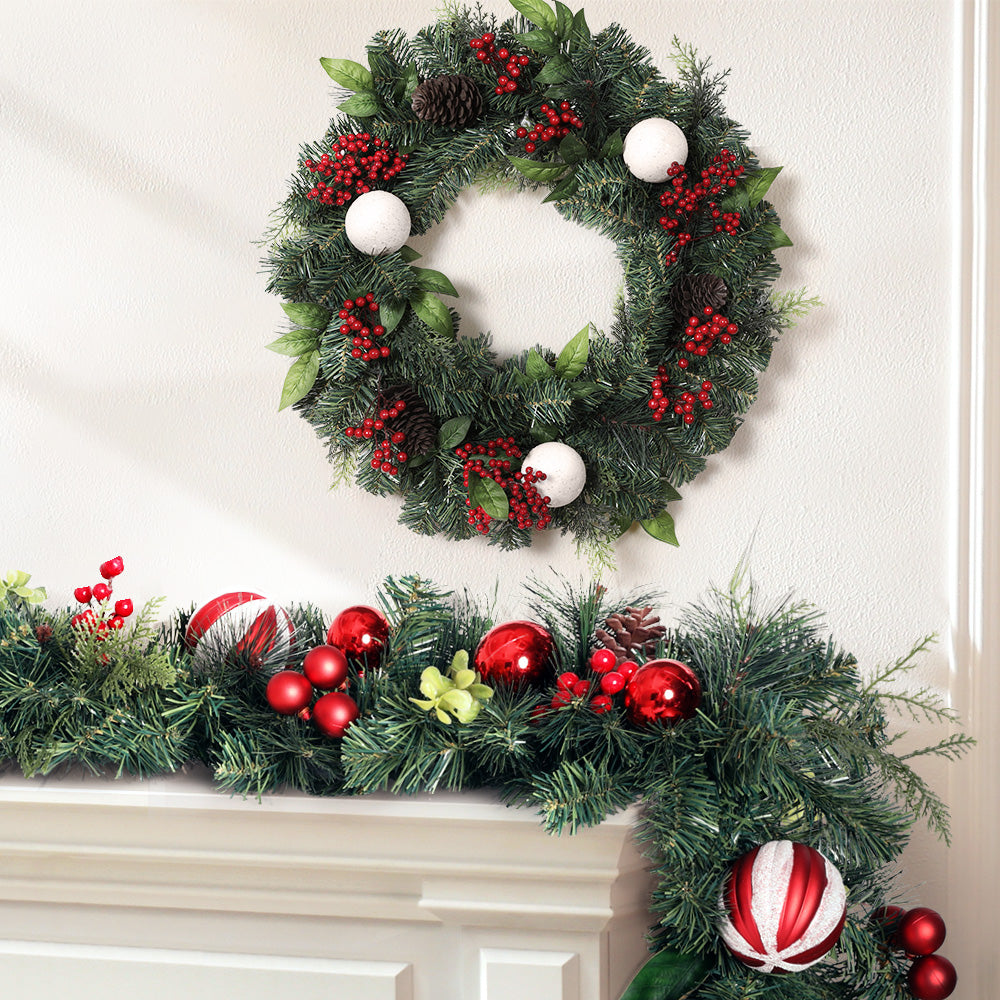 2.7M Christmas Garland & 60CM Wreath Set – Red Berries Pinecones Baubles 304 Tips