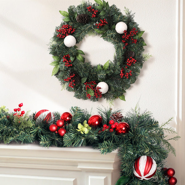 2.7M Christmas Garland & 60CM Wreath Set – Red Berries Pinecones Baubles 304 Tips