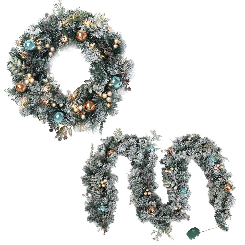 2.7M Snow-Frosted Garland & 60CM Wreath Set – Pine Cones Baubles 90 LEDs 380 Tips