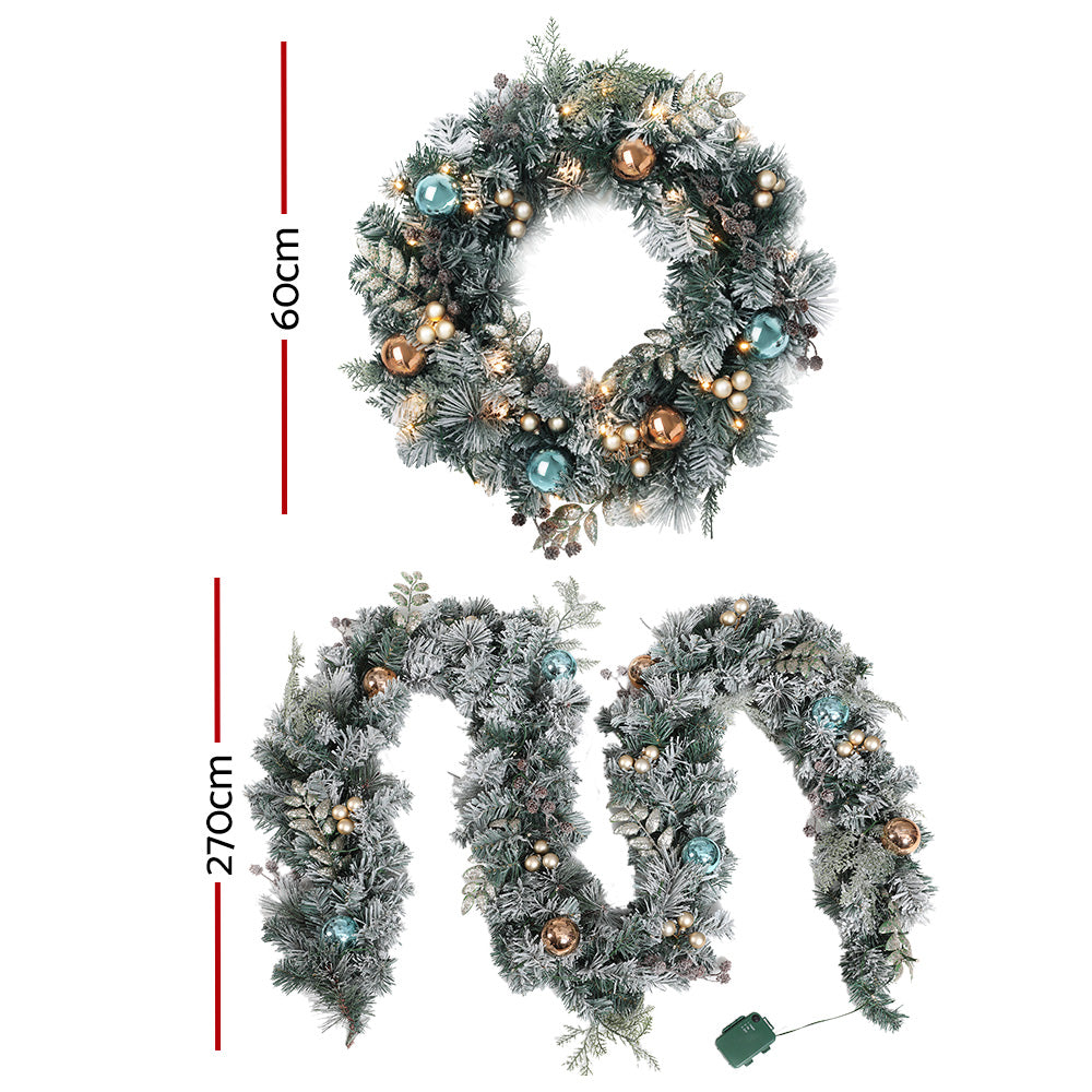 2.7M Snow-Frosted Garland & 60CM Wreath Set – Pine Cones Baubles 90 LEDs 380 Tips