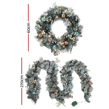 2.7M Snow-Frosted Garland & 60CM Wreath Set – Pine Cones Baubles 90 LEDs 380 Tips