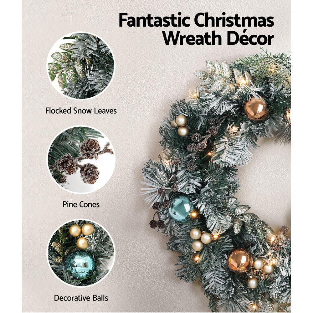2.7M Snow-Frosted Garland & 60CM Wreath Set – Pine Cones Baubles 90 LEDs 380 Tips