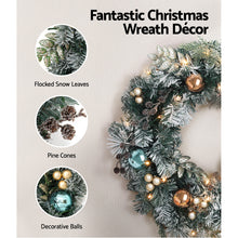 2.7M Snow-Frosted Garland & 60CM Wreath Set – Pine Cones Baubles 90 LEDs 380 Tips