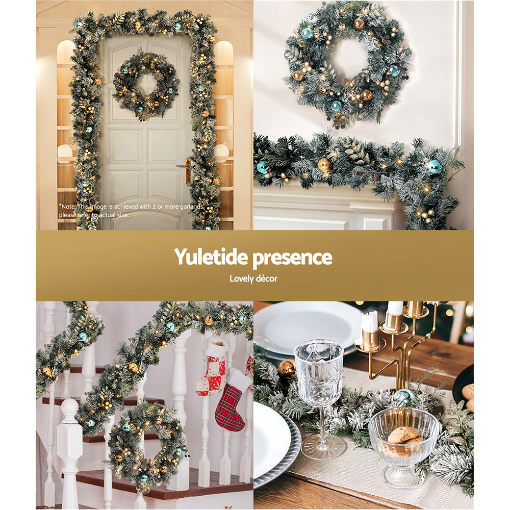 2.7M Snow-Frosted Garland & 60CM Wreath Set – Pine Cones Baubles 90 LEDs 380 Tips