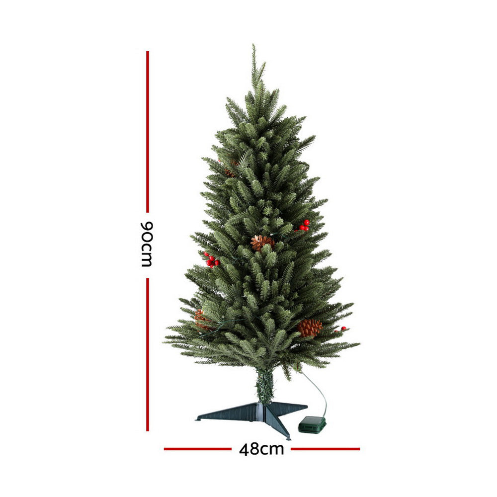90CM Pre-Lit Tabletop Christmas Tree with Pinecones & Red Berries