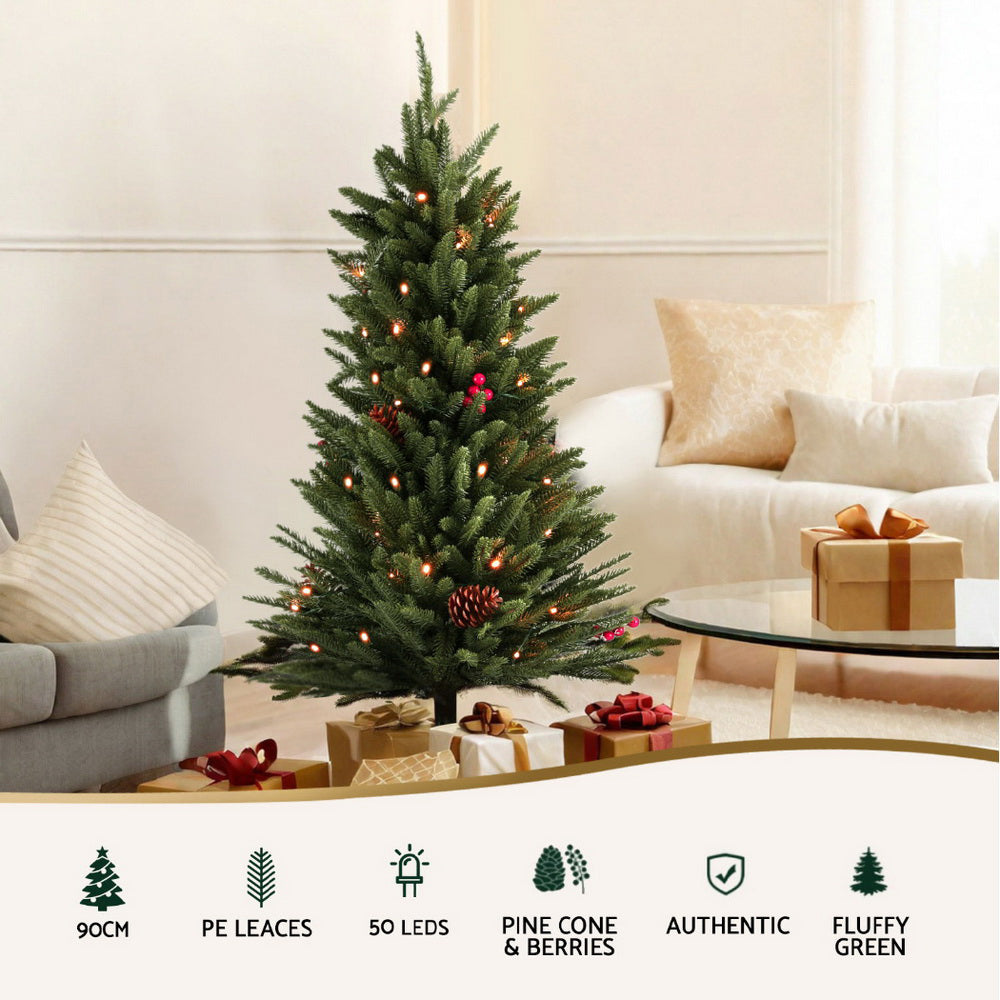 90CM Pre-Lit Tabletop Christmas Tree with Pinecones & Red Berries