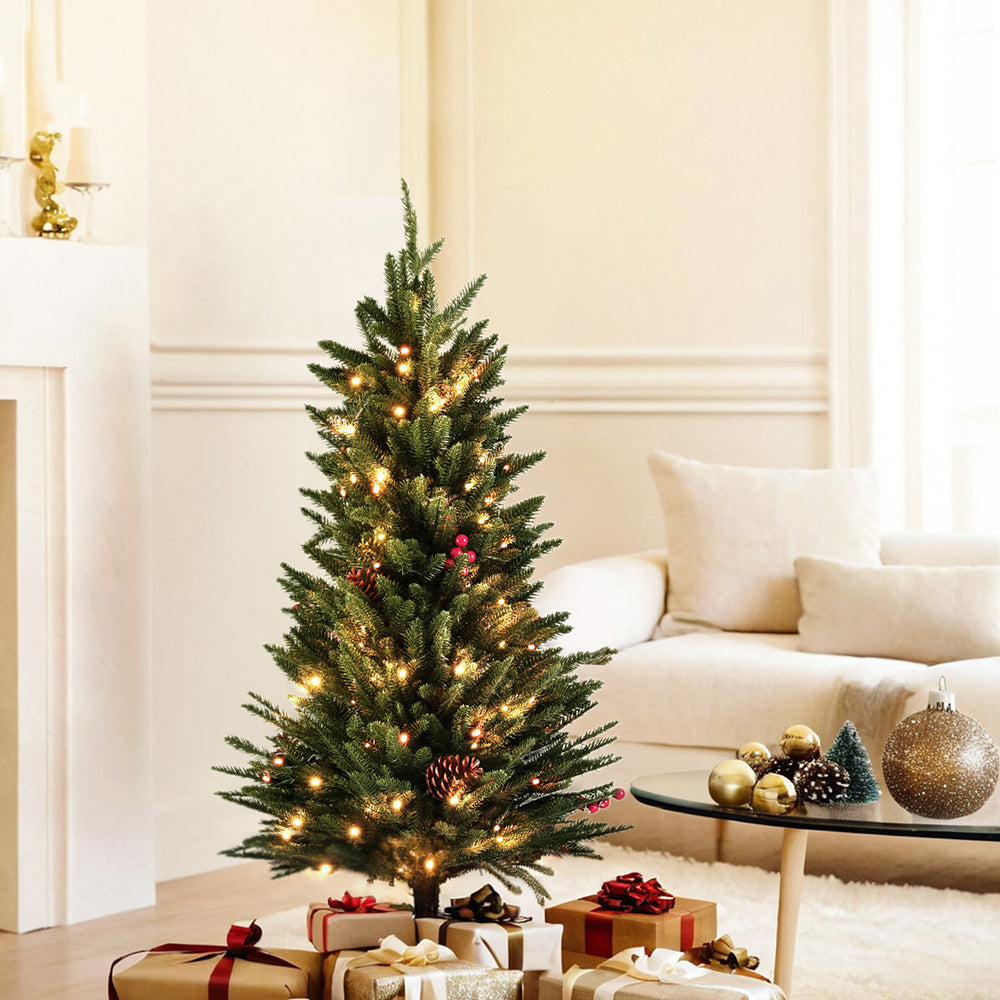 90CM Pre-Lit Tabletop Christmas Tree with Pinecones & Red Berries
