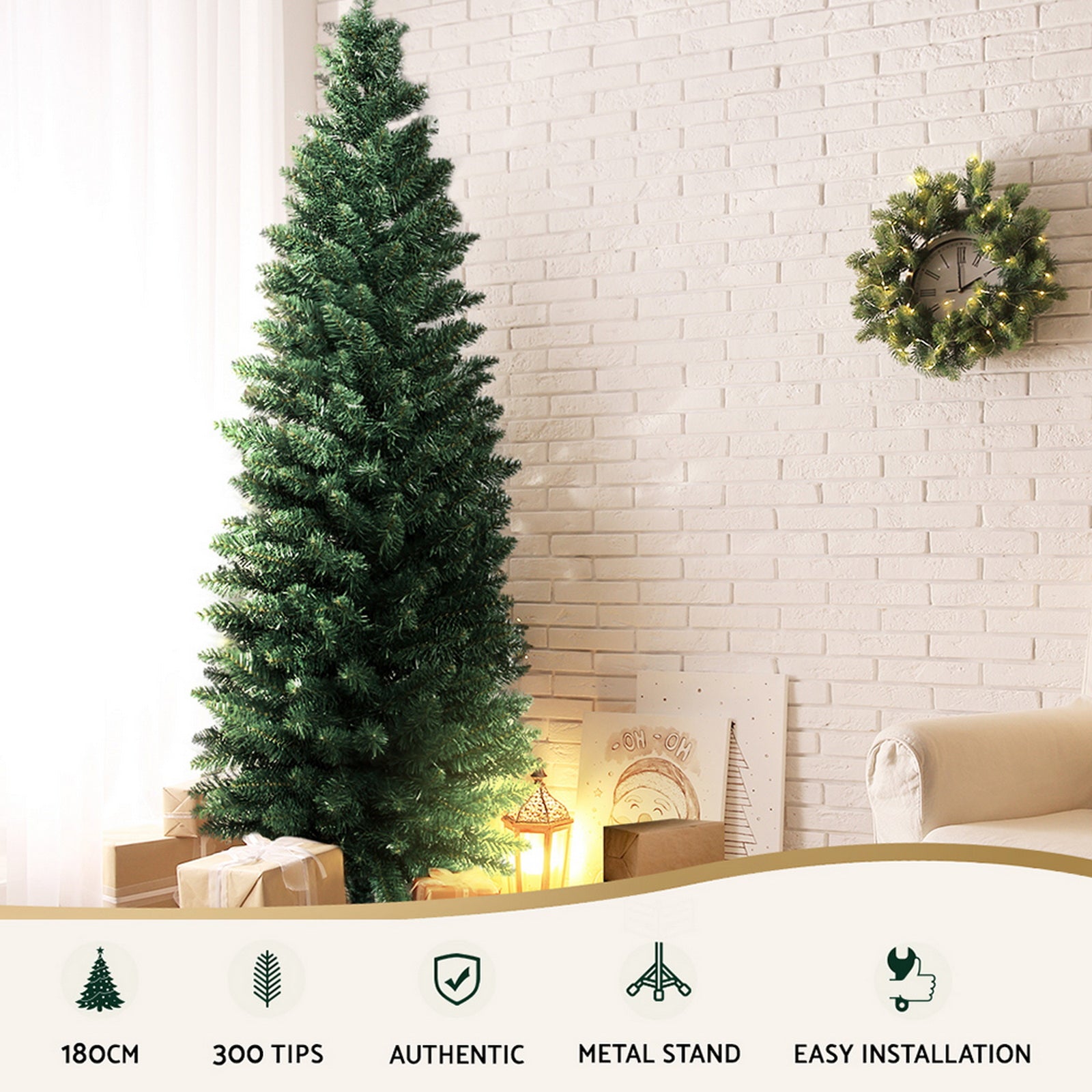 6FT Slim Green Fir Christmas Tree with 300 Tips