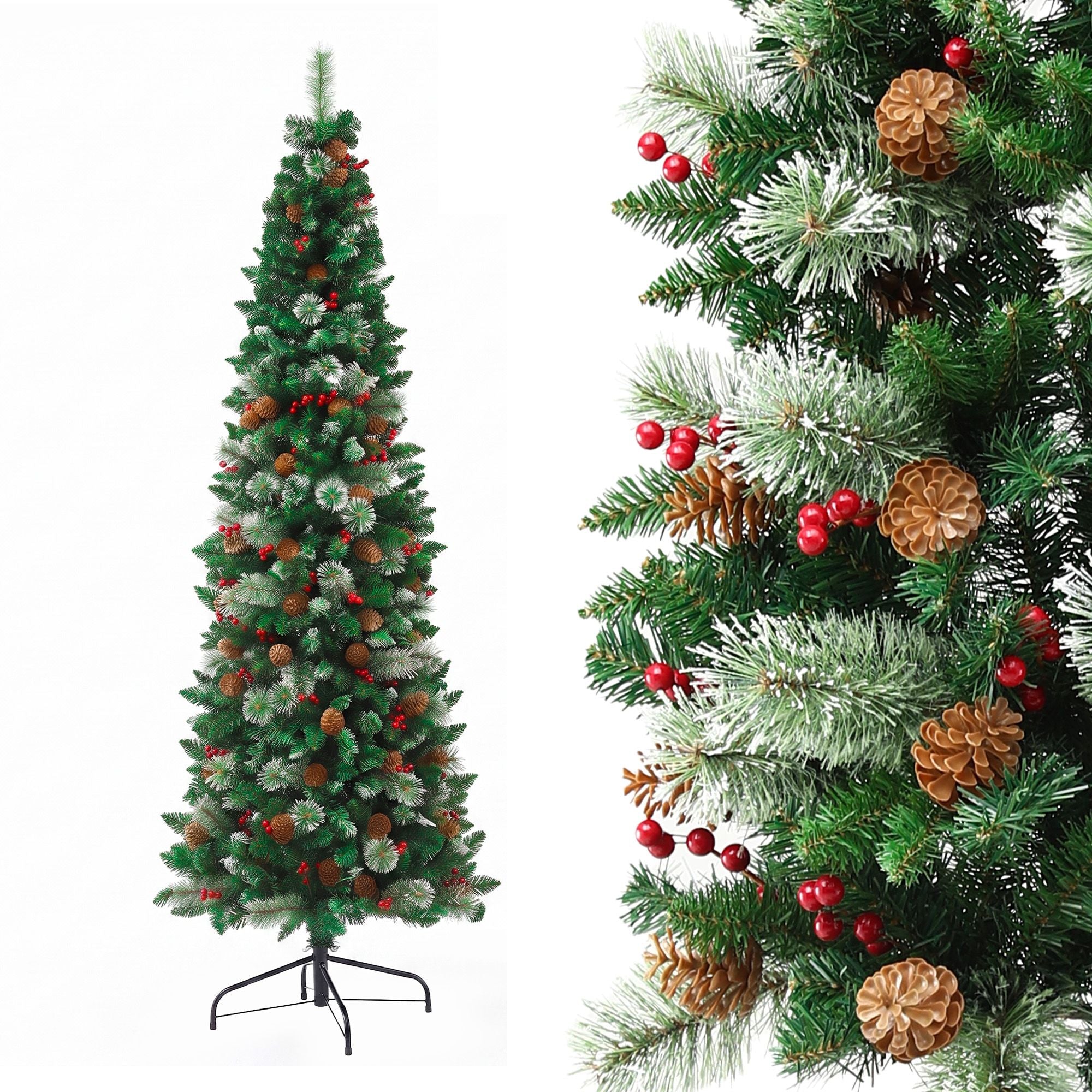 7FT Half Christmas Tree with Red Berries & Pine Cones