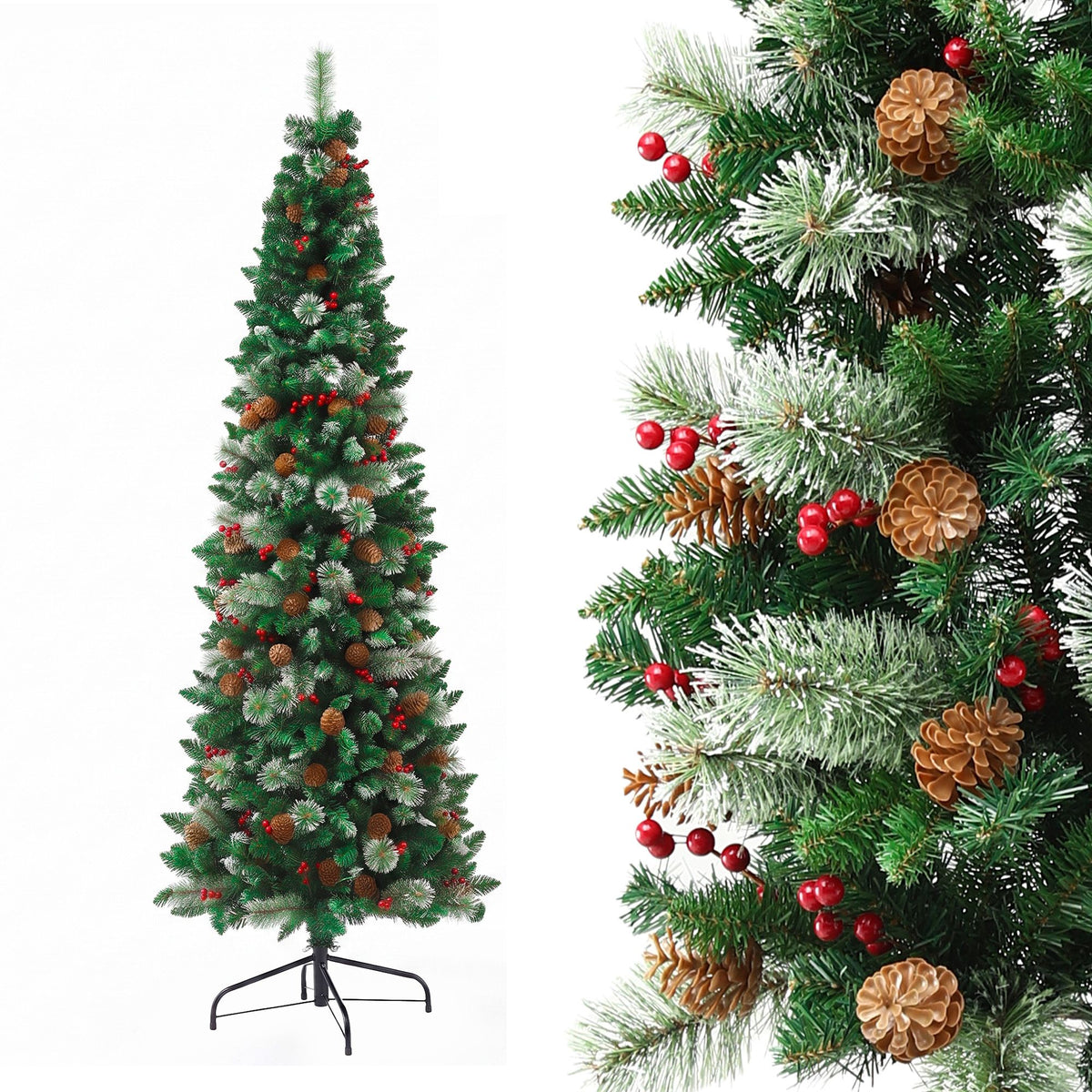 7FT Half Christmas Tree with Red Berries & Pine Cones