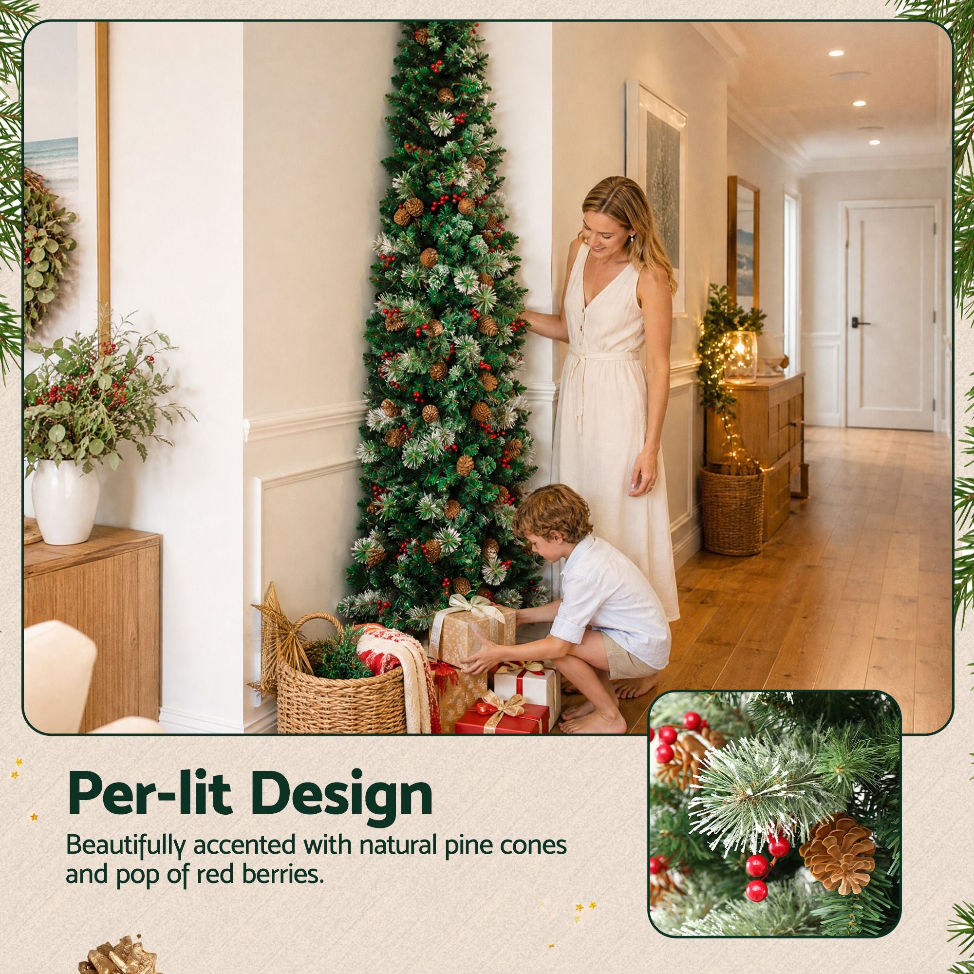 7FT Half Christmas Tree with Red Berries & Pine Cones