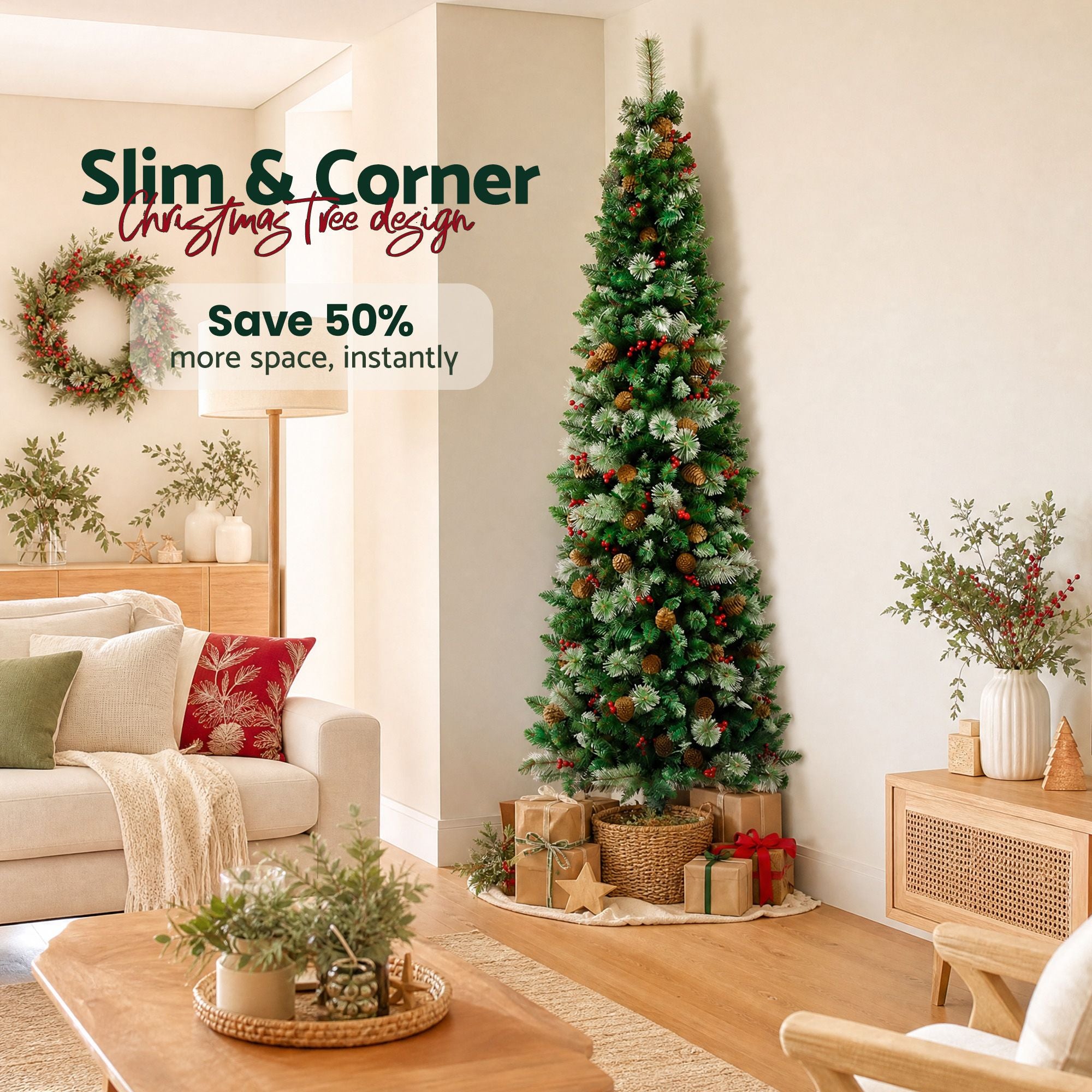 7FT Half Christmas Tree with Red Berries & Pine Cones